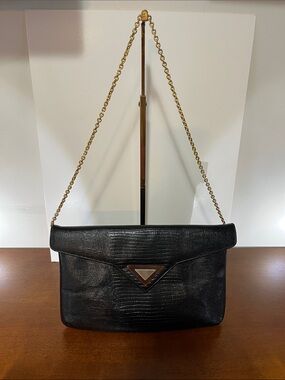 Original by Caprice Black Reptile-Embossed Shoulder Clutch with Gold Chain Strap